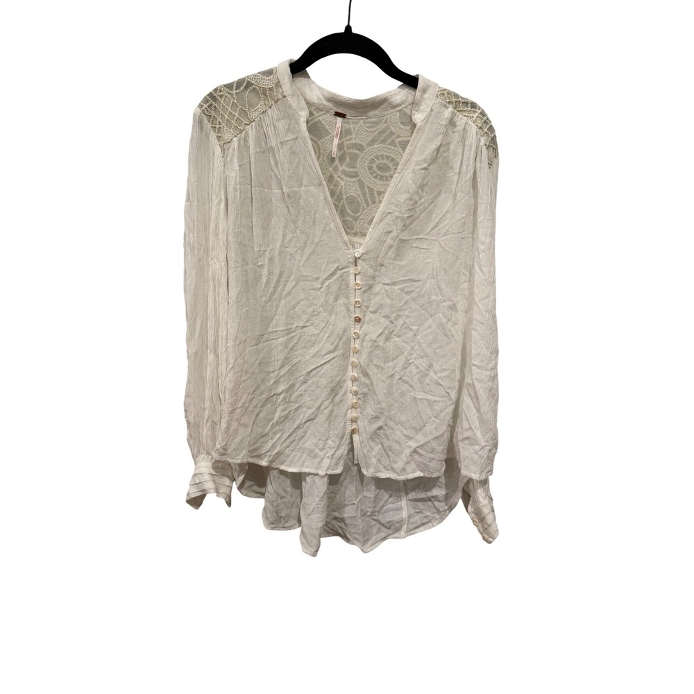Free People Ivory Crochet Lace Button Front Boho Blouse